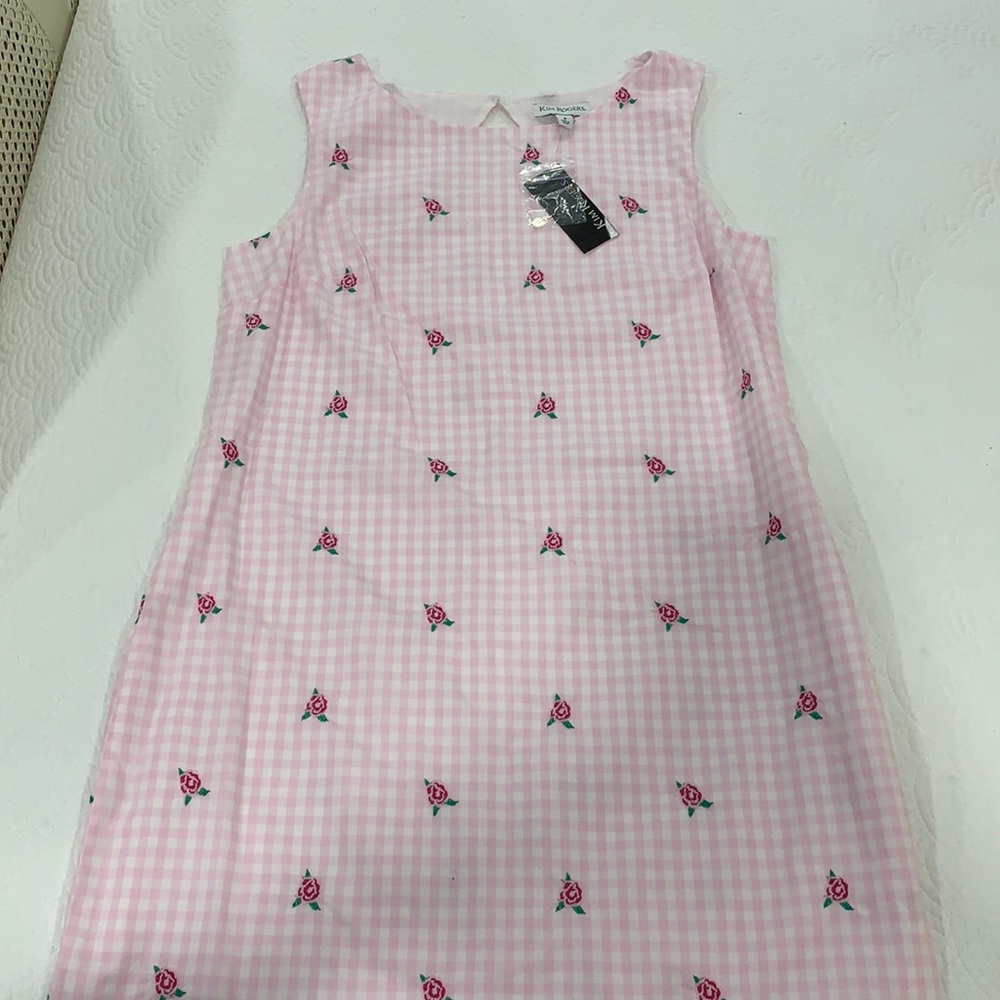 Kim Rogers Rose Embroidered Shift Dress, Pale Pink Gingham